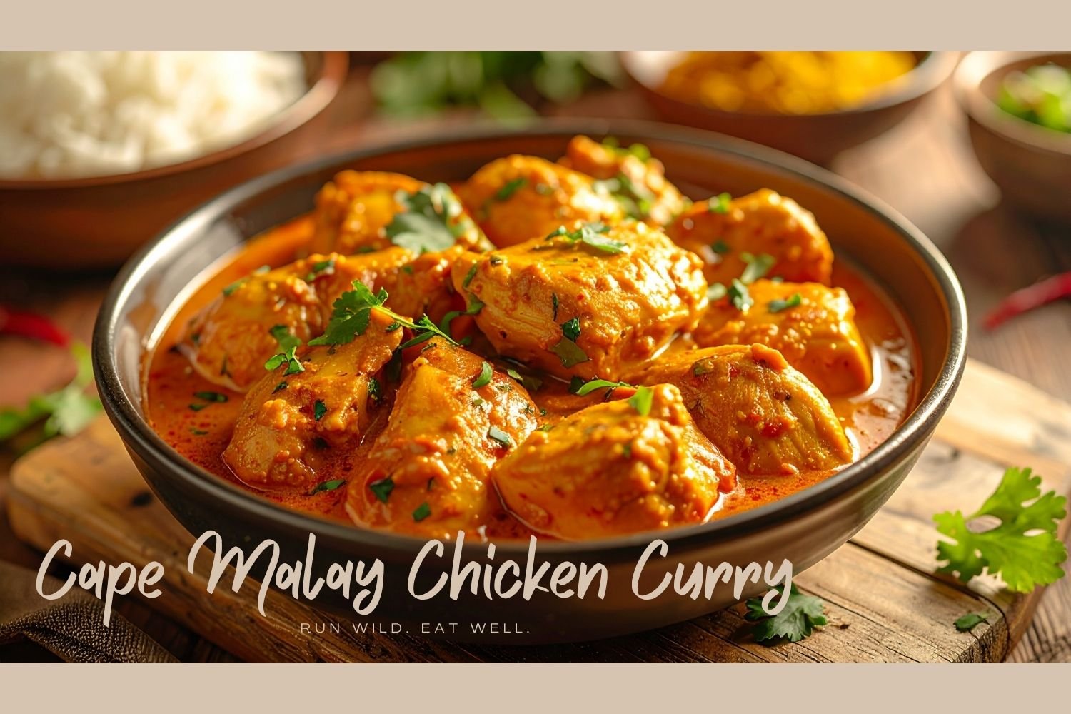 Cape Malay chicken curry with yellow rice in a rustic bowl